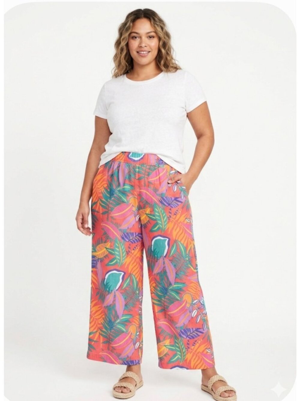 C&C California Womens XL Tropical Print Wide-Leg Linen Pants Elastic Waist Pocke